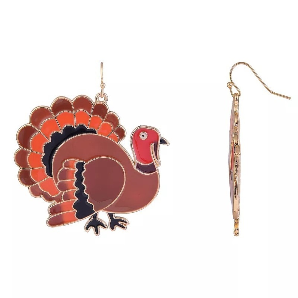 Thanksgiving Turkey Drop Earrings Enamel Fanned Tail Gold Tone Brown Orange NWT